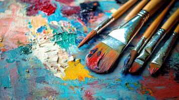 A set of colorful brushes with paint on a textured surface, with a blurred background. photo