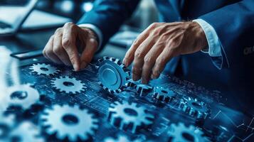 A man in a suit working on a computer with gears and a blueprint in the foreground, with a blurred background featuring a blue and white abstract design. photo