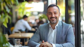 A man in a suit sitting at a table in a cafe, smiling and looking at the camera. photo