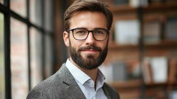 A man with a beard and glasses, wearing a suit, standing in a modern office with a window in the background. photo
