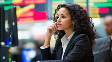 A young woman in a black suit, seated at a desk in a busy office environment, surrounded by multiple computer monitors displaying financial data and charts. photo
