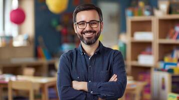 A smiling man with glasses standing in a classroom with balloons and books in the background. photo