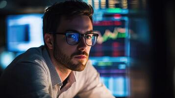 A young man wearing glasses, seated at a computer desk with multiple screens displaying financial data and charts. photo