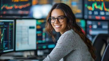 A young woman wearing glasses, seated at a desk with multiple computer monitors displaying financial data, smiling warmly. photo