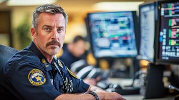 A police officer in uniform sitting at a desk with a computer monitor in front of him. photo