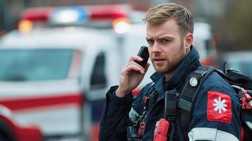 A male paramedic wearing a blue uniform with a red cross on it, talking on a mobile phone while standing in front of an ambulance with a red and white striped roof. photo