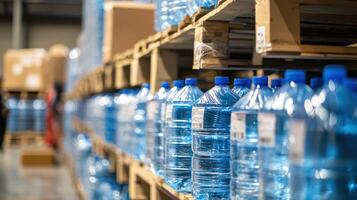 A large warehouse with rows of blue water bottles on shelves, with a few boxes and a person in the background. photo