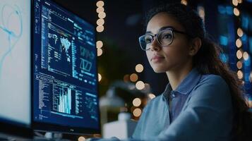 A young woman wearing glasses, seated at a desk with a computer monitor in front of her, surrounded by a dimly lit office environment with a bokeh effect of lights in the background. photo