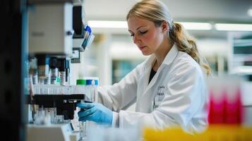 A female scientist wearing a white lab coat and gloves, working in a laboratory with a microscope and test tubes. photo