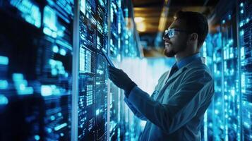 A man in a lab coat standing in front of a wall of computer servers, examining the screens with a digital tablet. photo