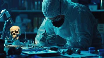 A forensic scientist in a lab coat and protective gear, working with a skull and bones in a dimly lit laboratory with blue and green lighting. photo