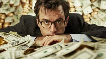 A man in a suit and glasses, surrounded by a large pile of money, looking at the camera with a serious expression. photo