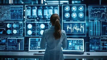 A woman in a lab coat standing in front of a large screen displaying scientific data and charts. photo
