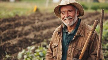 A smiling man in a straw hat holding a wooden stick in a garden with a freshly dug patch in the background. photo