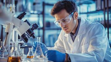 A young man in a lab coat and safety goggles, examining a beaker with a liquid in a laboratory setting. photo