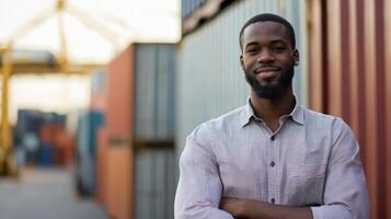 A young man with a beard, wearing a button-up shirt, standing in front of a shipping container yard with a smile on his face. photo