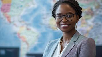 A confident, smiling businesswoman with glasses standing in front of a world map in a professional office setting. photo