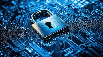 A padlock with a keyhole on a circuit board with a blue and black color scheme. photo