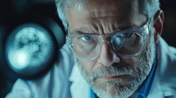 A scientist in a lab coat, wearing protective glasses, examining a sample under a microscope. photo
