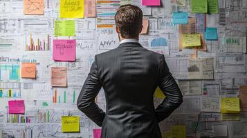 A man in a suit standing in front of a wall covered in colorful sticky notes and graphs. photo