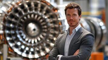 A man in a suit standing in front of a large, industrial engine in a factory setting. photo
