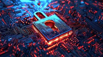 A padlock with a keyhole on a circuit board with glowing red and blue lights. photo