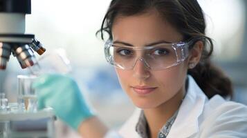 A young woman in a lab coat and safety goggles, examining a sample under a microscope in a laboratory setting. photo
