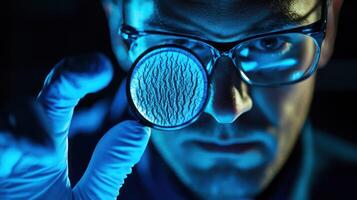 A man in a lab coat examining a petri dish with a magnifying glass, with a dark background and blue light illuminating the scene. photo