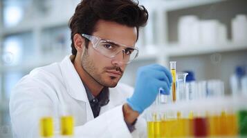 A young man in a lab coat and safety goggles, examining a test tube filled with yellow liquid in a laboratory setting. photo
