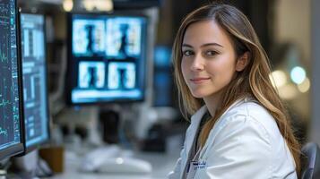 A young woman in a lab coat, seated at a desk with computer monitors in the background. photo