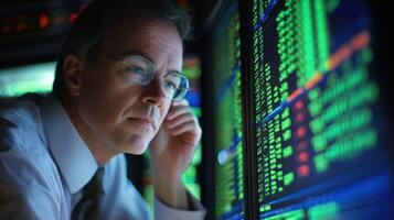 A man in a suit and tie, wearing glasses, looking at a computer screen with a stock market display in a dark room with a green and red color scheme. photo