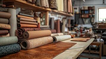 A leather workshop with various rolls of leather on shelves and a table, with a person working on a piece of leather. photo