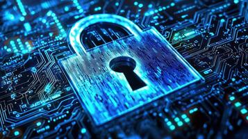 A padlock with a keyhole on a circuit board, set against a blue and green background. photo