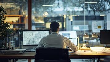 A man working at a desk in a dimly lit office with a large window, surrounded by plants and a view of the city outside. photo