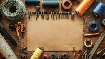 A wooden table with a blank piece of paper and various tools and materials arranged around it. photo