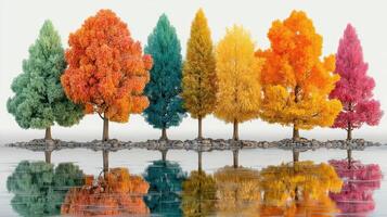 Colorful autumn trees reflecting in still water at serene landscape during daylight hours photo
