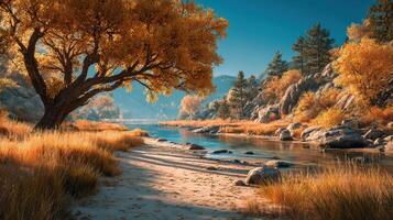 Autumn serenity along a tranquil riverbank with vibrant foliage and golden grasses in a peaceful landscape photo