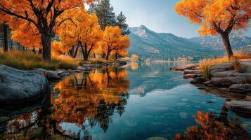 Stunning autumn landscape showcasing vibrant orange trees by a tranquil lake in the mountains photo