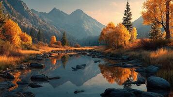Stunning autumn landscape with colorful trees and mountains reflecting in a serene lake at sunset photo