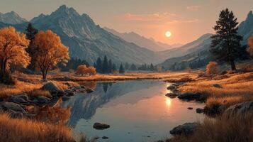 Sunset over tranquil river surrounded by autumn trees in majestic mountain landscape photo