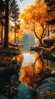 Autumn landscape featuring colorful trees and a serene river at sunrise in a tranquil forest setting photo