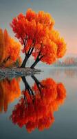 Vibrant autumn trees reflect in calm water at sunset near a tranquil lakeside photo
