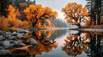 Autumn colors reflect in a serene river surrounded by trees in a tranquil landscape photo