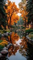 Vibrant autumn foliage reflecting in a serene pond surrounded by colorful gardens in the early morning light photo