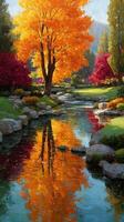 Vibrant autumn landscape with orange tree and calm river reflecting colorful foliage during sunny day photo