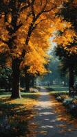 Vibrant autumn pathway with golden leaves in a serene park during midday sunlight photo