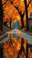 Colorful autumn landscape with vibrant orange leaves reflecting on tranquil waterway at a peaceful park during golden hour photo