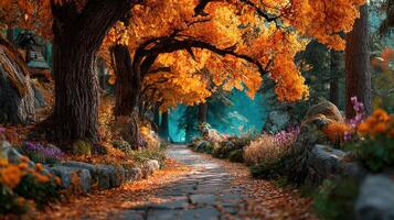 Stunning autumn pathway lined with vibrant orange trees and blooming flowers in a tranquil forest photo