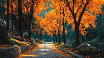 Scenic autumn pathway lined with vibrant orange trees in a tranquil park photo