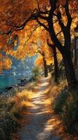 Autumn pathway lined with vibrant trees by the lake on a sunny afternoon photo